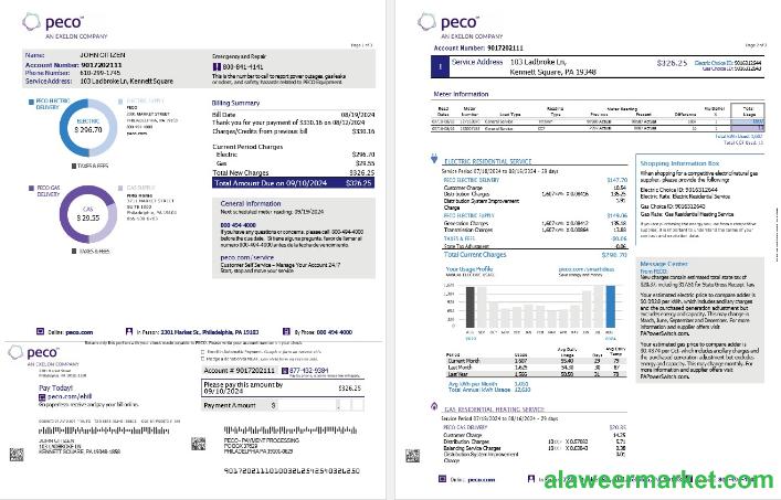 USA Pennsylvania PECO electric and gas utility bill, 3 pages